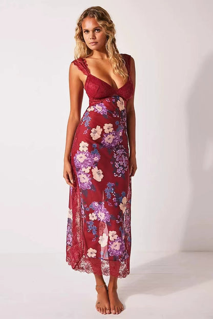 Suddenly Fine Maxi Slip Lace Backless Strap Splicing Slit Floral Long Dress Women's Fashion - Seldom Seen Styles