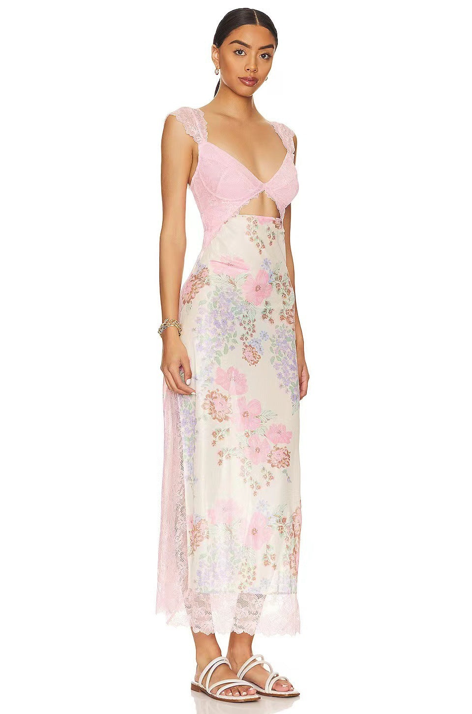 Suddenly Fine Maxi Slip Lace Backless Strap Splicing Slit Floral Long Dress Women's Fashion - Seldom Seen Styles