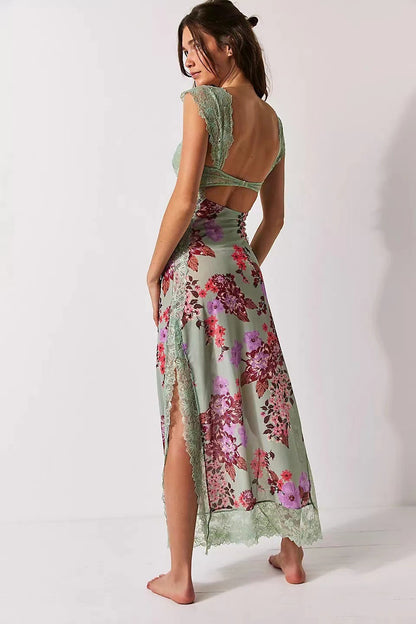 Suddenly Fine Maxi Slip Lace Backless Strap Splicing Slit Floral Long Dress Women's Fashion - Seldom Seen Styles