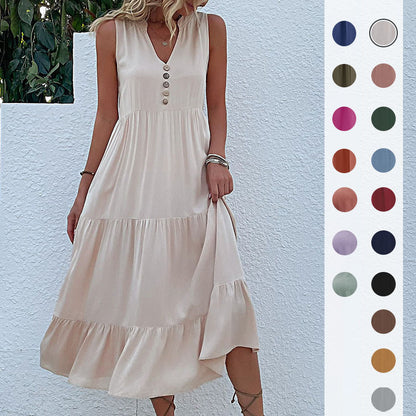 Summer Flowy Maxi Dress with Pockets Sleeveless Loose Casual Sundress V-Neck Tiered Sun Dress for Beach Cruise Vacations - Seldom Seen Styles