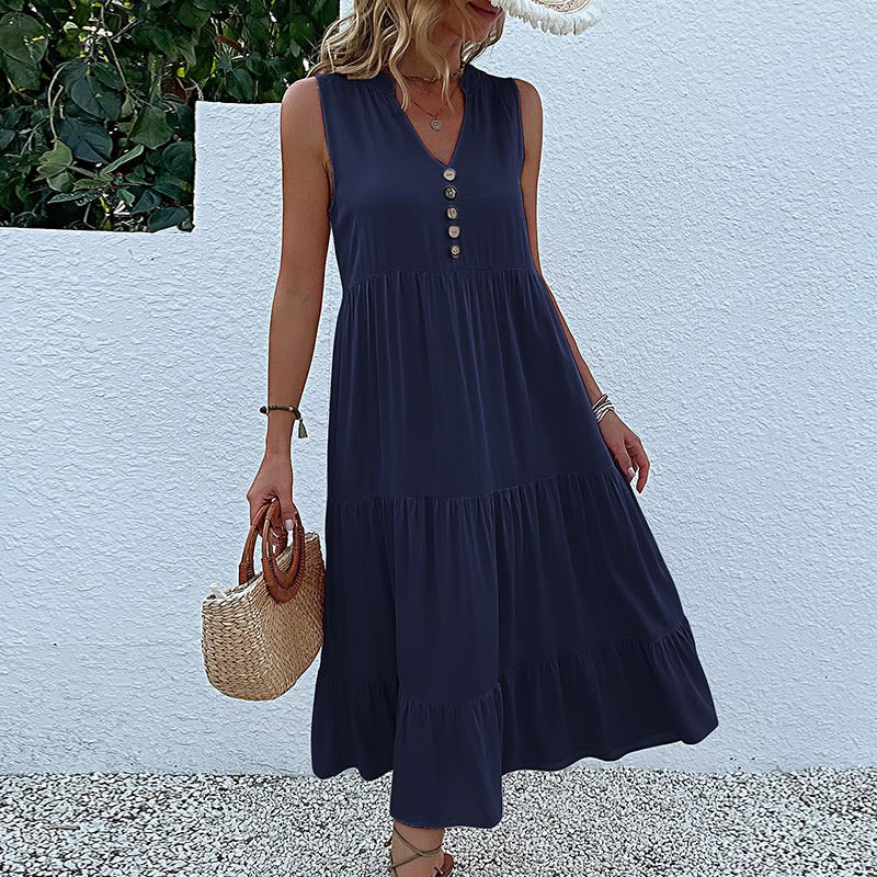 Summer Flowy Maxi Dress with Pockets Sleeveless Loose Casual Sundress V-Neck Tiered Sun Dress for Beach Cruise Vacations - Seldom Seen Styles
