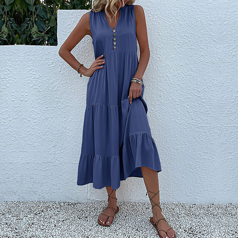 Summer Flowy Maxi Dress with Pockets Sleeveless Loose Casual Sundress V-Neck Tiered Sun Dress for Beach Cruise Vacations - Seldom Seen Styles