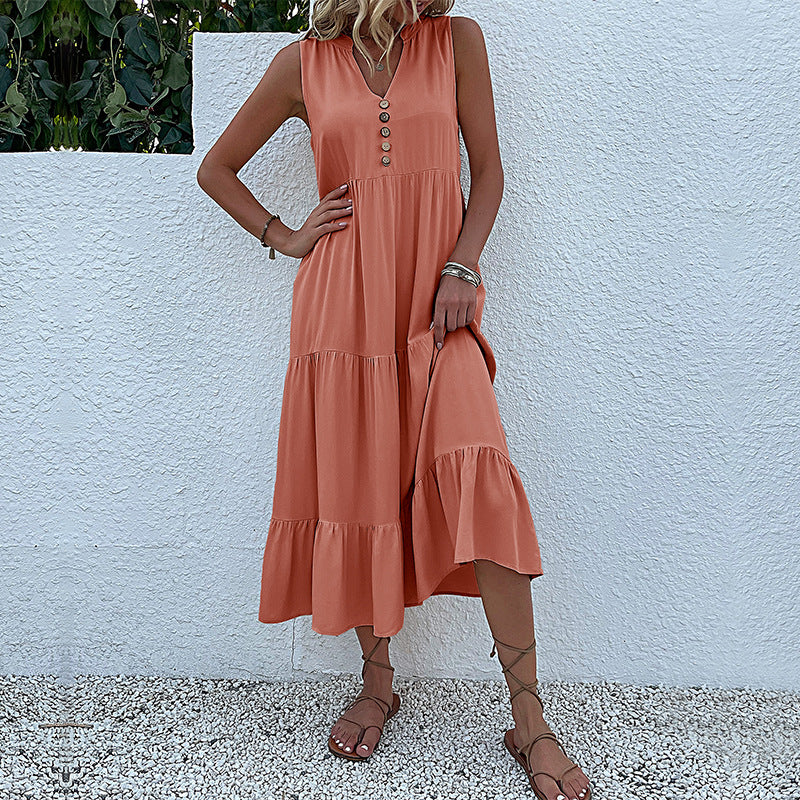 Summer Flowy Maxi Dress with Pockets Sleeveless Loose Casual Sundress V-Neck Tiered Sun Dress for Beach Cruise Vacations - Seldom Seen Styles
