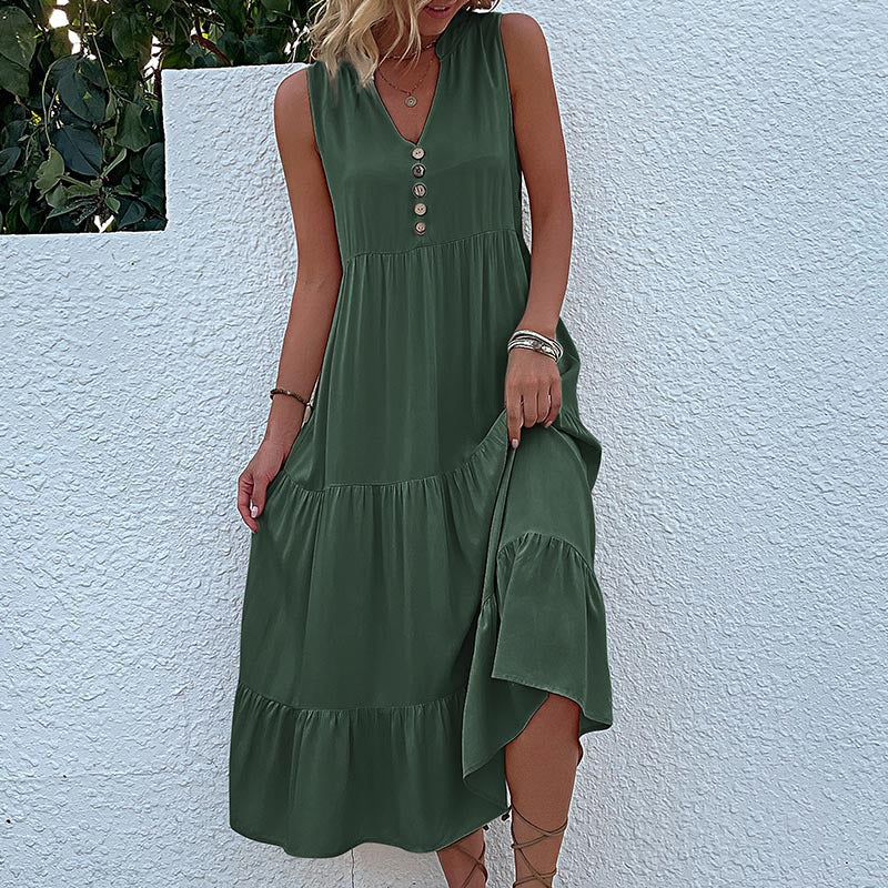 Summer Flowy Maxi Dress with Pockets Sleeveless Loose Casual Sundress V-Neck Tiered Sun Dress for Beach Cruise Vacations - Seldom Seen Styles