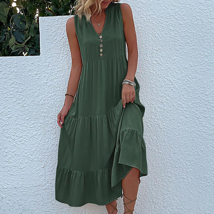 Summer Flowy Maxi Dress with Pockets Sleeveless Loose Casual Sundress V-Neck Tiered Sun Dress for Beach Cruise Vacations - Seldom Seen Styles