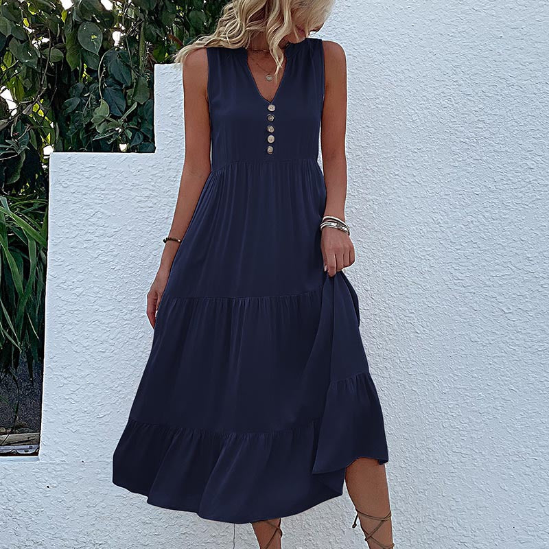 Summer Flowy Maxi Dress with Pockets Sleeveless Loose Casual Sundress V-Neck Tiered Sun Dress for Beach Cruise Vacations - Seldom Seen Styles