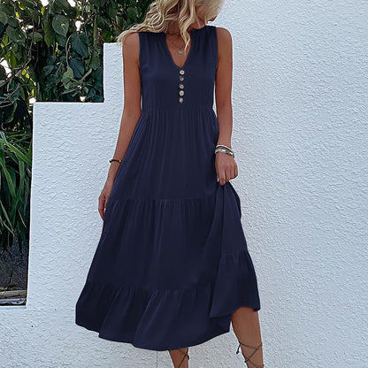 Summer Flowy Maxi Dress with Pockets Sleeveless Loose Casual Sundress V-Neck Tiered Sun Dress for Beach Cruise Vacations - Seldom Seen Styles