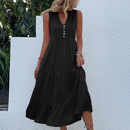 Summer Flowy Maxi Dress with Pockets Sleeveless Loose Casual Sundress V-Neck Tiered Sun Dress for Beach Cruise Vacations - Seldom Seen Styles