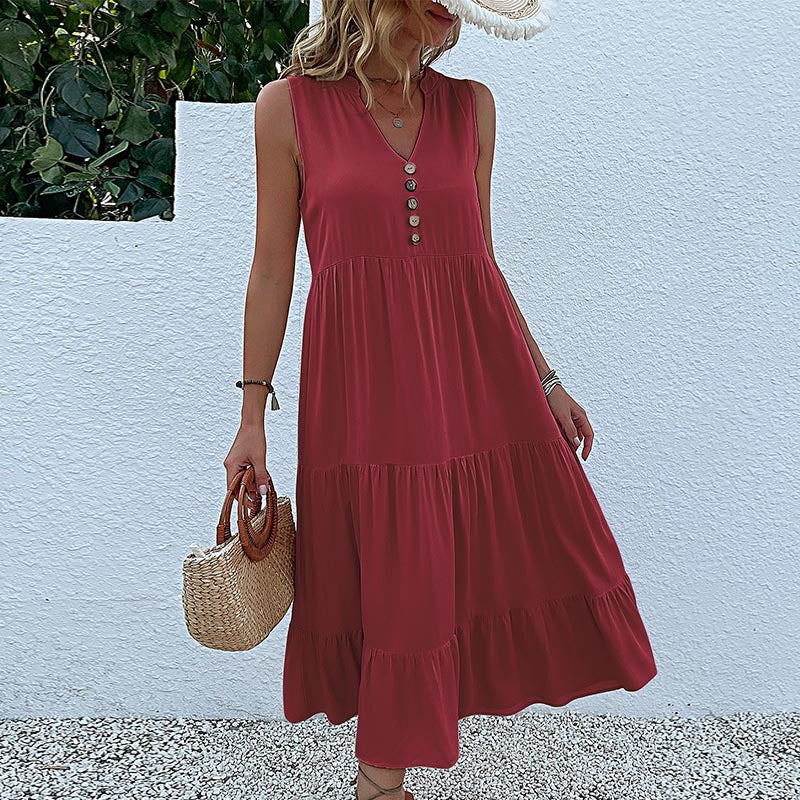 Summer Flowy Maxi Dress with Pockets Sleeveless Loose Casual Sundress V-Neck Tiered Sun Dress for Beach Cruise Vacations - Seldom Seen Styles