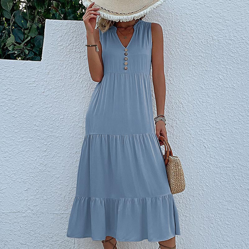 Summer Flowy Maxi Dress with Pockets Sleeveless Loose Casual Sundress V-Neck Tiered Sun Dress for Beach Cruise Vacations - Seldom Seen Styles