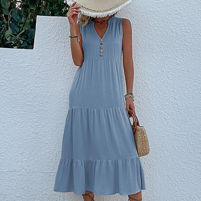 Summer Flowy Maxi Dress with Pockets Sleeveless Loose Casual Sundress V-Neck Tiered Sun Dress for Beach Cruise Vacations - Seldom Seen Styles