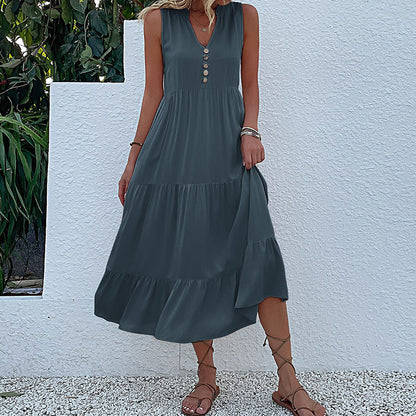 Summer Flowy Maxi Dress with Pockets Sleeveless Loose Casual Sundress V-Neck Tiered Sun Dress for Beach Cruise Vacations - Seldom Seen Styles