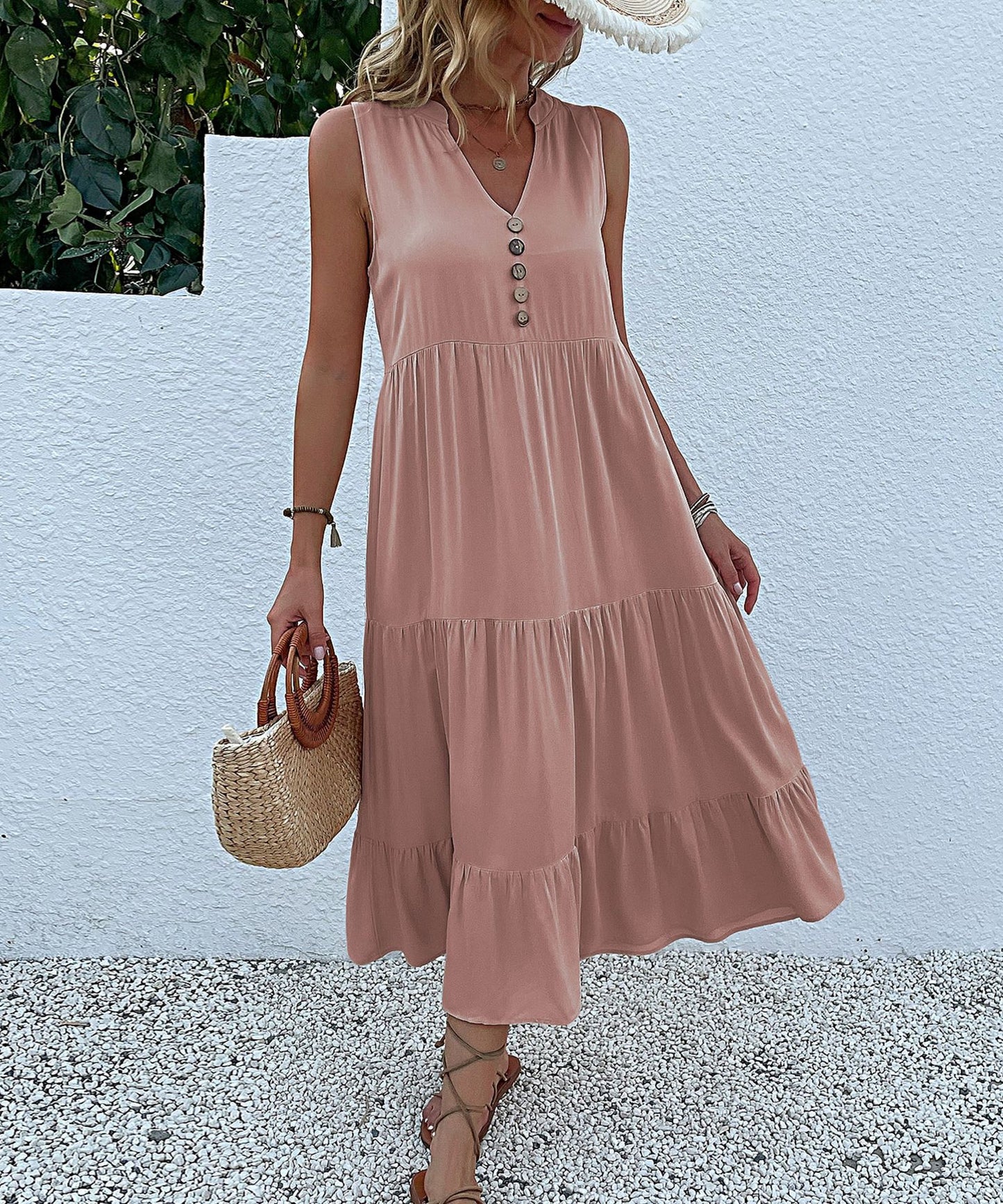 Summer Flowy Maxi Dress with Pockets Sleeveless Loose Casual Sundress V-Neck Tiered Sun Dress for Beach Cruise Vacations - Seldom Seen Styles