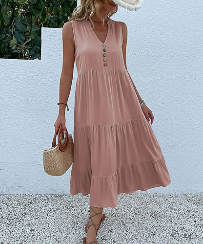 Summer Flowy Maxi Dress with Pockets Sleeveless Loose Casual Sundress V-Neck Tiered Sun Dress for Beach Cruise Vacations - Seldom Seen Styles