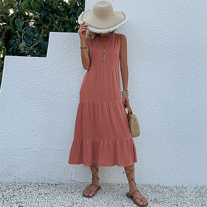 Summer Flowy Maxi Dress with Pockets Sleeveless Loose Casual Sundress V-Neck Tiered Sun Dress for Beach Cruise Vacations - Seldom Seen Styles