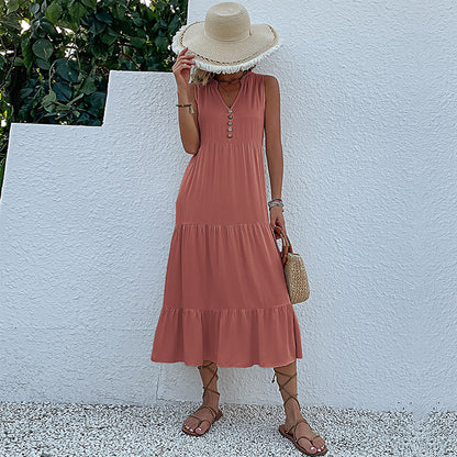 Summer Flowy Maxi Dress with Pockets Sleeveless Loose Casual Sundress V-Neck Tiered Sun Dress for Beach Cruise Vacations - Seldom Seen Styles