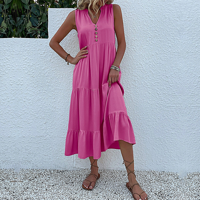 Summer Flowy Maxi Dress with Pockets Sleeveless Loose Casual Sundress V-Neck Tiered Sun Dress for Beach Cruise Vacations - Seldom Seen Styles