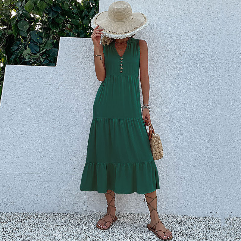 Summer Flowy Maxi Dress with Pockets Sleeveless Loose Casual Sundress V-Neck Tiered Sun Dress for Beach Cruise Vacations - Seldom Seen Styles