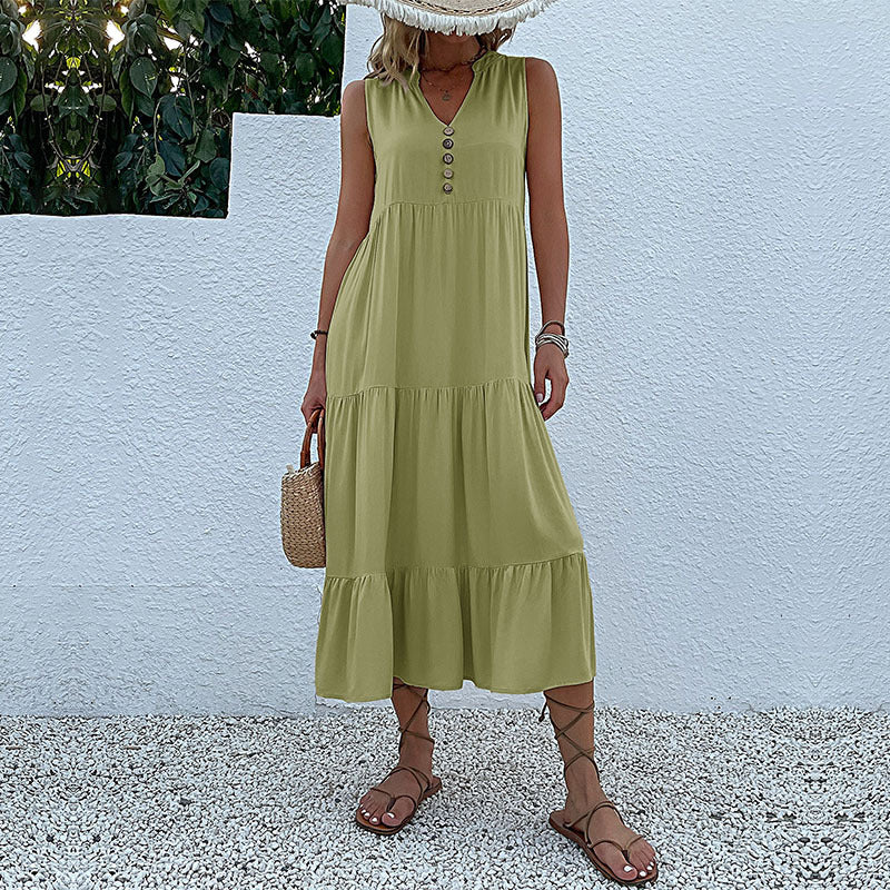 Summer Flowy Maxi Dress with Pockets Sleeveless Loose Casual Sundress V-Neck Tiered Sun Dress for Beach Cruise Vacations - Seldom Seen Styles
