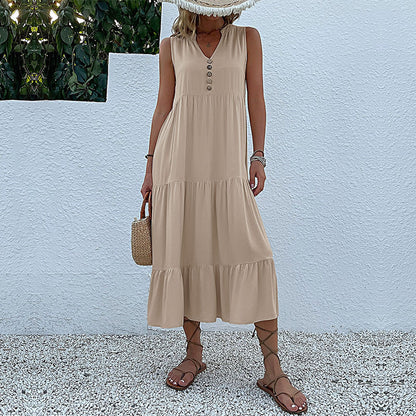 Summer Flowy Maxi Dress with Pockets Sleeveless Loose Casual Sundress V-Neck Tiered Sun Dress for Beach Cruise Vacations - Seldom Seen Styles