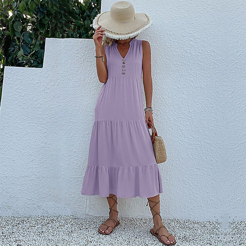 Summer Flowy Maxi Dress with Pockets Sleeveless Loose Casual Sundress V-Neck Tiered Sun Dress for Beach Cruise Vacations - Seldom Seen Styles