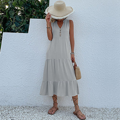 Summer Flowy Maxi Dress with Pockets Sleeveless Loose Casual Sundress V-Neck Tiered Sun Dress for Beach Cruise Vacations - Seldom Seen Styles