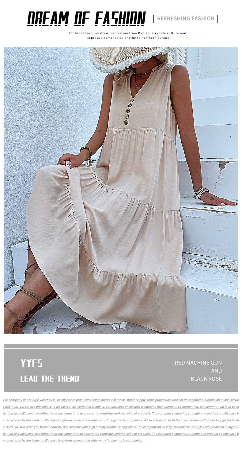 Summer Flowy Maxi Dress with Pockets Sleeveless Loose Casual Sundress V-Neck Tiered Sun Dress for Beach Cruise Vacations - Seldom Seen Styles