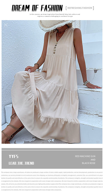 Summer Flowy Maxi Dress with Pockets Sleeveless Loose Casual Sundress V-Neck Tiered Sun Dress for Beach Cruise Vacations - Seldom Seen Styles