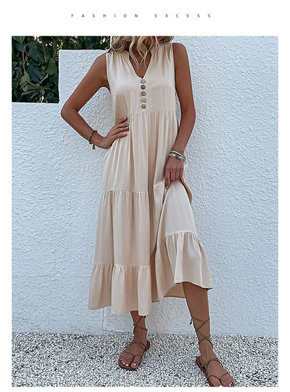 Summer Flowy Maxi Dress with Pockets Sleeveless Loose Casual Sundress V-Neck Tiered Sun Dress for Beach Cruise Vacations - Seldom Seen Styles