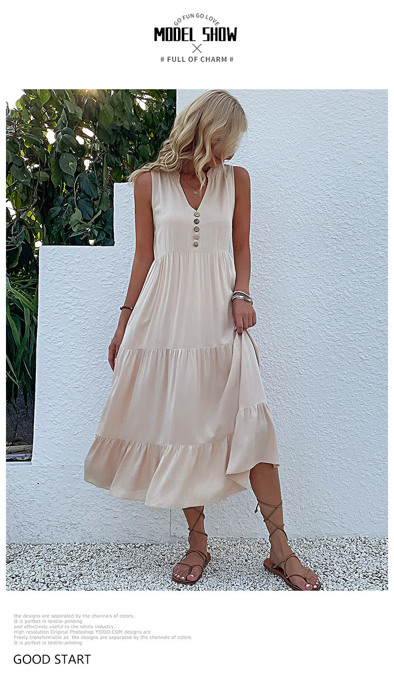 Summer Flowy Maxi Dress with Pockets Sleeveless Loose Casual Sundress V-Neck Tiered Sun Dress for Beach Cruise Vacations - Seldom Seen Styles