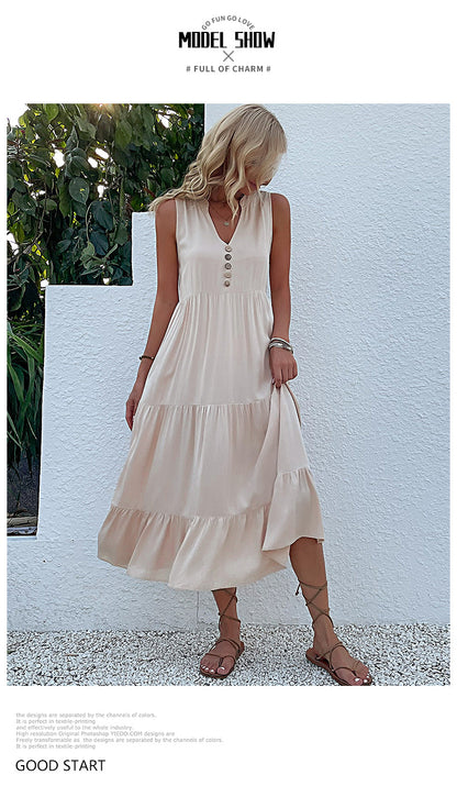 Summer Flowy Maxi Dress with Pockets Sleeveless Loose Casual Sundress V-Neck Tiered Sun Dress for Beach Cruise Vacations - Seldom Seen Styles