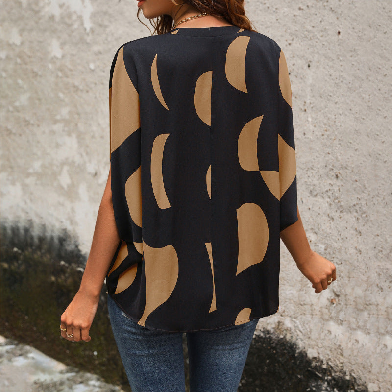 Summer Hot Sale Popular Loose Casual Pullover Short Sleeve v Abstract Print Shirt for Women - Seldom Seen Styles