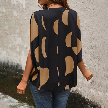 Summer Hot Sale Popular Loose Casual Pullover Short Sleeve v Abstract Print Shirt for Women - Seldom Seen Styles