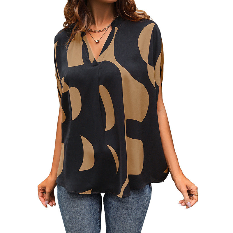 Summer Hot Sale Popular Loose Casual Pullover Short Sleeve v Abstract Print Shirt for Women - Seldom Seen Styles