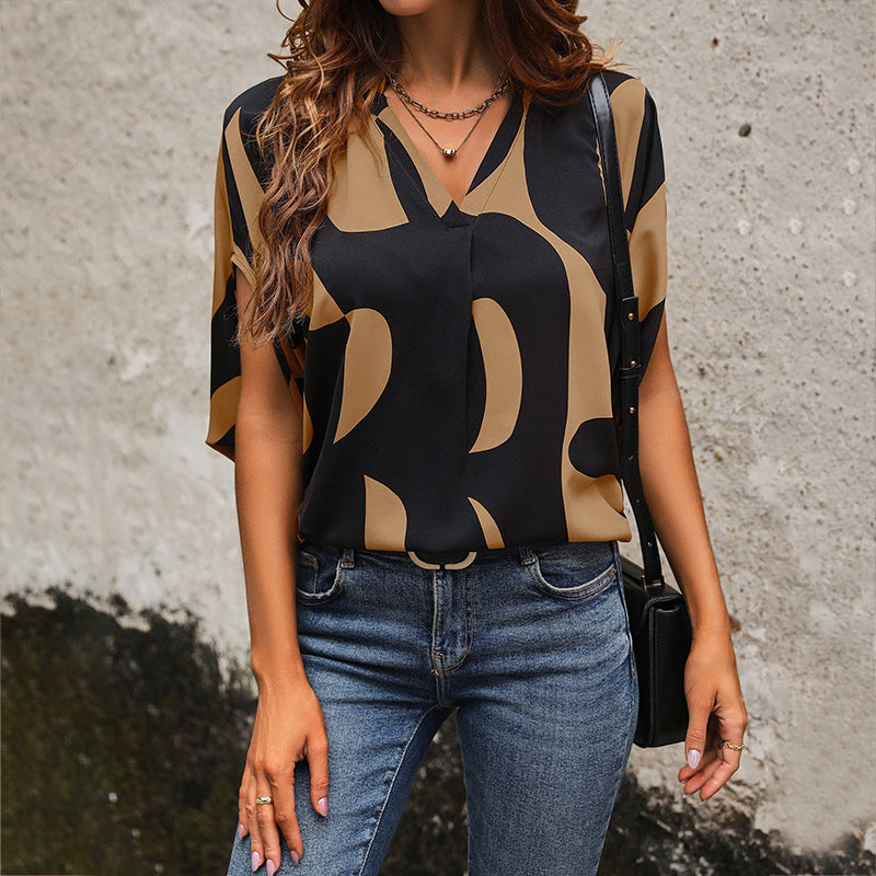 Summer Hot Sale Popular Loose Casual Pullover Short Sleeve v Abstract Print Shirt for Women - Seldom Seen Styles