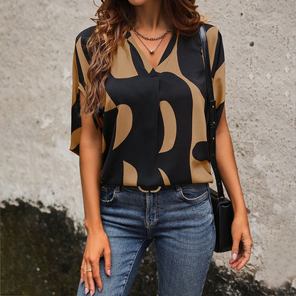 Summer Hot Sale Popular Loose Casual Pullover Short Sleeve v Abstract Print Shirt for Women - Seldom Seen Styles