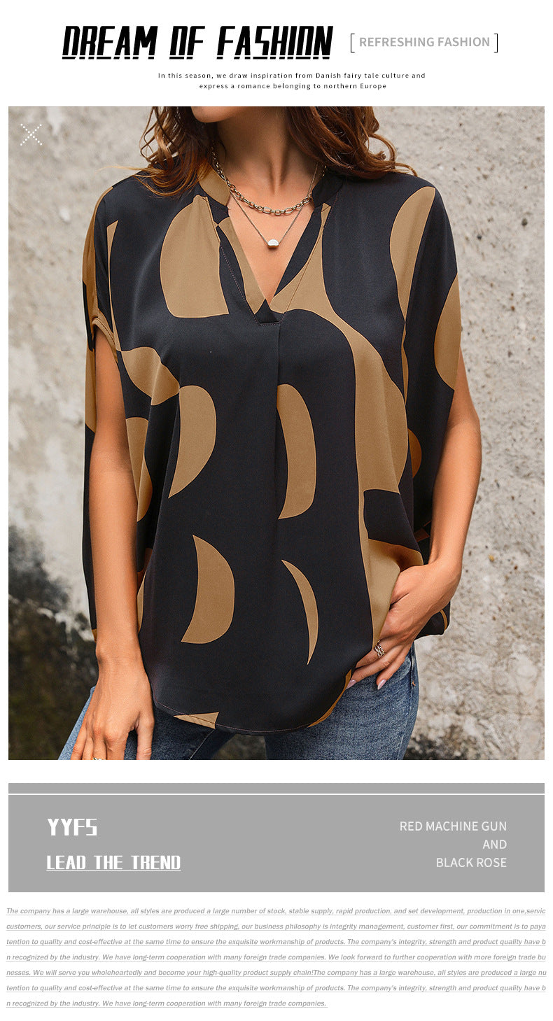 Summer Hot Sale Popular Loose Casual Pullover Short Sleeve v Abstract Print Shirt for Women - Seldom Seen Styles