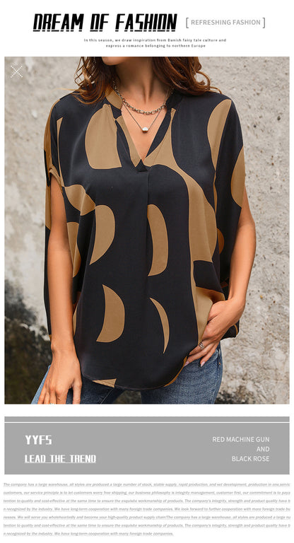 Summer Hot Sale Popular Loose Casual Pullover Short Sleeve v Abstract Print Shirt for Women - Seldom Seen Styles