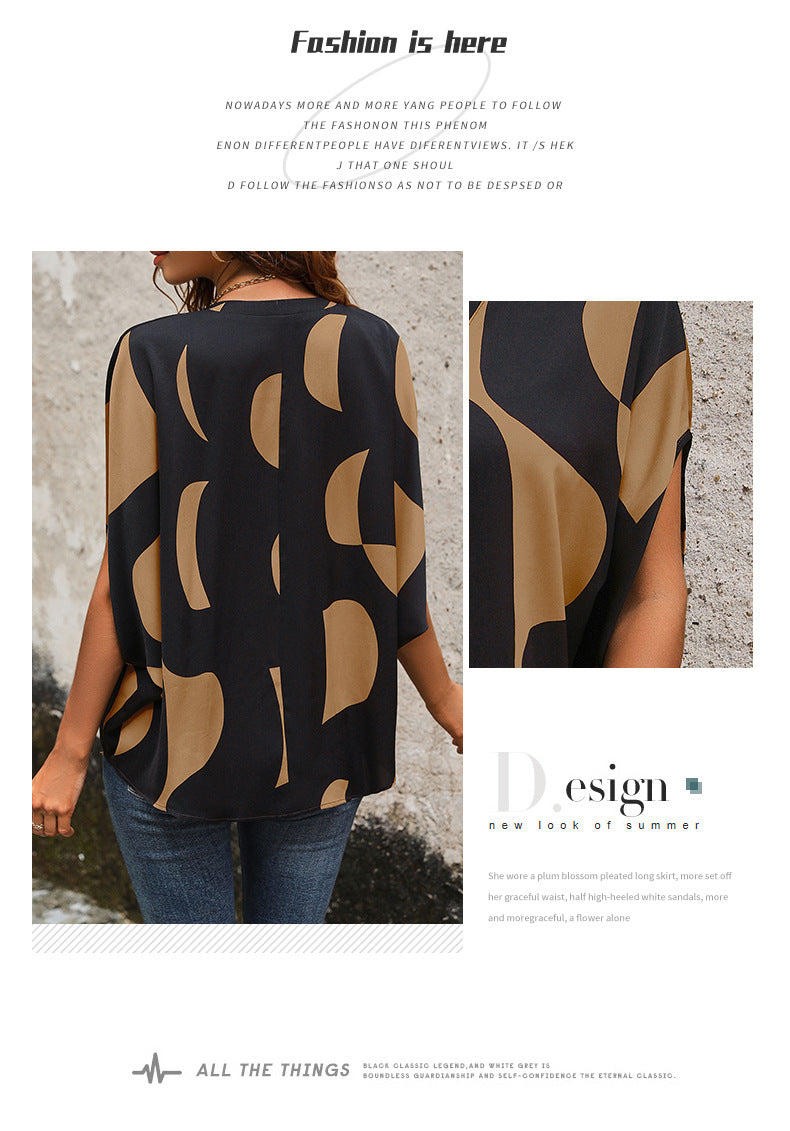 Summer Hot Sale Popular Loose Casual Pullover Short Sleeve v Abstract Print Shirt for Women - Seldom Seen Styles