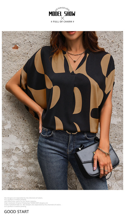 Summer Hot Sale Popular Loose Casual Pullover Short Sleeve v Abstract Print Shirt for Women - Seldom Seen Styles