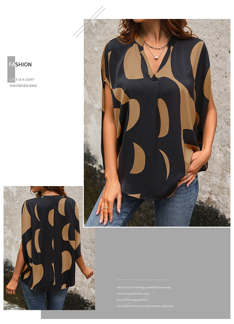 Summer Hot Sale Popular Loose Casual Pullover Short Sleeve v Abstract Print Shirt for Women - Seldom Seen Styles