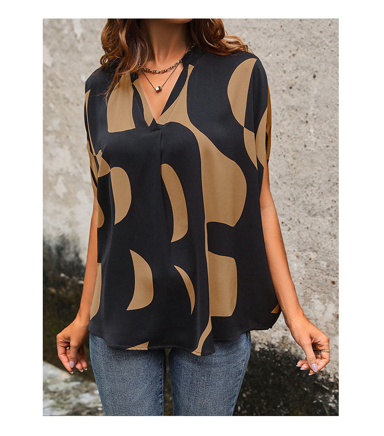 Summer Hot Sale Popular Loose Casual Pullover Short Sleeve v Abstract Print Shirt for Women - Seldom Seen Styles