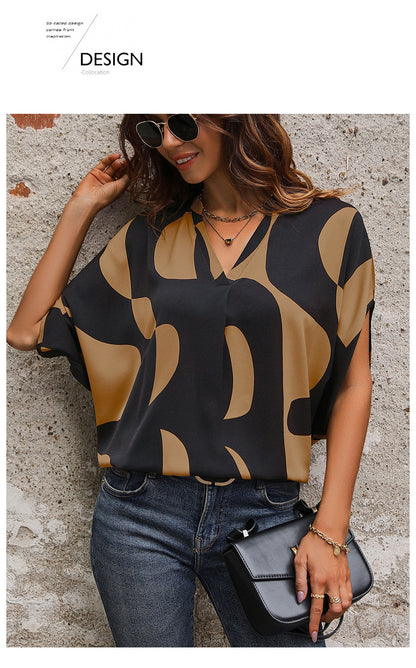 Summer Hot Sale Popular Loose Casual Pullover Short Sleeve v Abstract Print Shirt for Women - Seldom Seen Styles