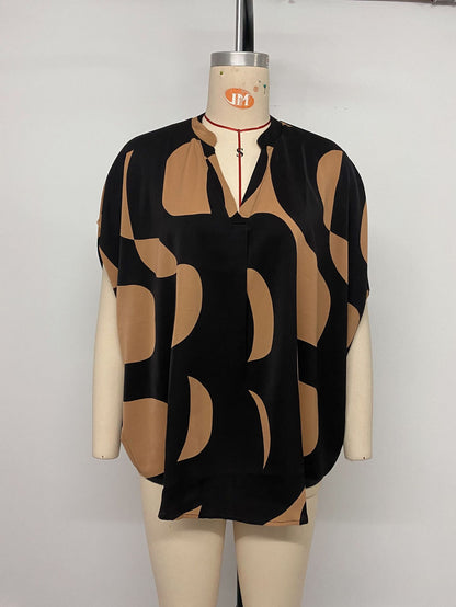 Summer Hot Sale Popular Loose Casual Pullover Short Sleeve v Abstract Print Shirt for Women - Seldom Seen Styles