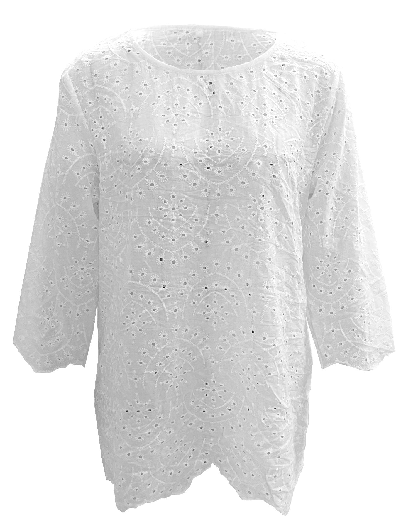 Summer Women's New High-End Multi-Hole White Pullover Round Neck Three-Quarter Sleeve Loose Fit T T-shirt - Seldom Seen Styles