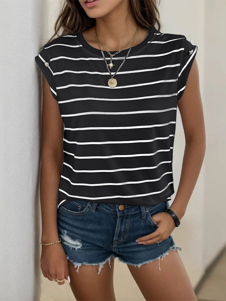 Summer Women's Sleeveless Classic Tops Horizontal Striped Round Neck Vest Loose Fit Cotton Fashion T-Shirt - Seldom Seen Styles