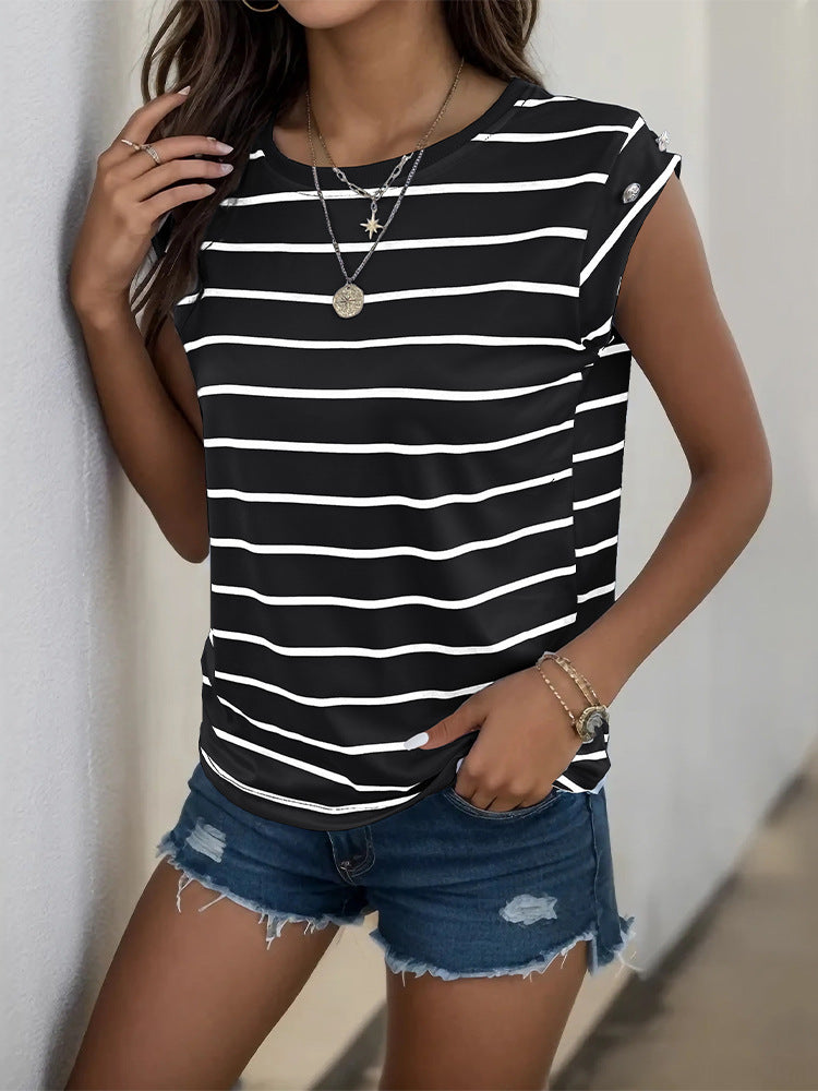 Summer Women's Sleeveless Classic Tops Horizontal Striped Round Neck Vest Loose Fit Cotton Fashion T-Shirt - Seldom Seen Styles