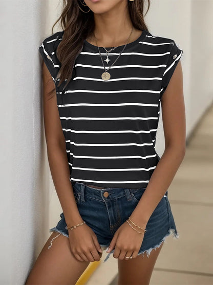 Summer Women's Sleeveless Classic Tops Horizontal Striped Round Neck Vest Loose Fit Cotton Fashion T-Shirt - Seldom Seen Styles