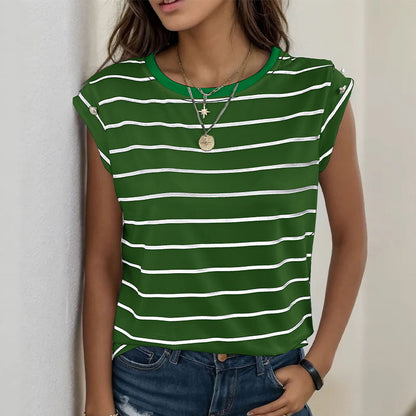Summer Women's Sleeveless Classic Tops Horizontal Striped Round Neck Vest Loose Fit Cotton Fashion T-Shirt - Seldom Seen Styles