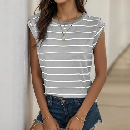 Summer Women's Sleeveless Classic Tops Horizontal Striped Round Neck Vest Loose Fit Cotton Fashion T-Shirt - Seldom Seen Styles
